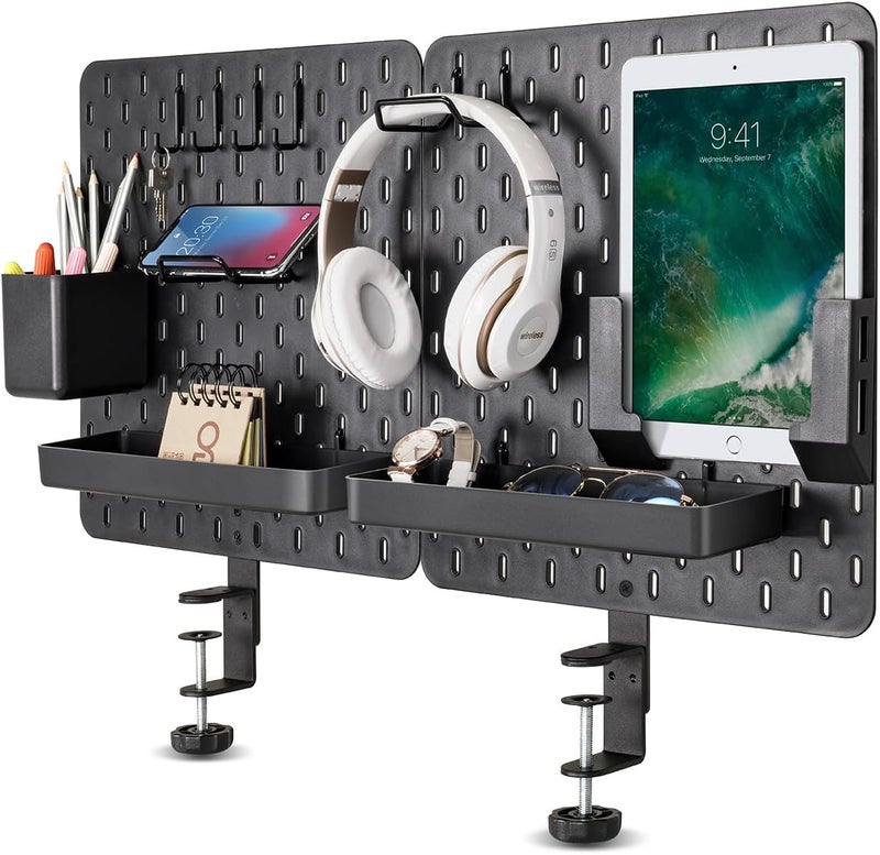 EHO Clamp-On Desk Pegboard, 2Pack (Combined Size 27 x 14 inch) Privacy Divider, Desk Partition Panel, No-Drill Desk Mounted Peg Board Organizer for Office, Gaming, Home, Black - Image 1